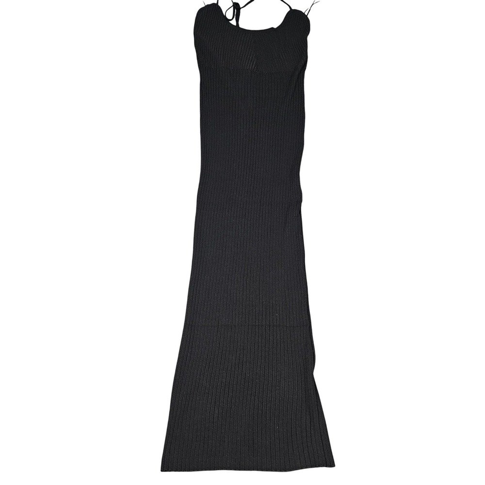 Zara Ribbed Knit Maxi Dress Womens Medium Bodycon Black Strappy Open Back Sleek